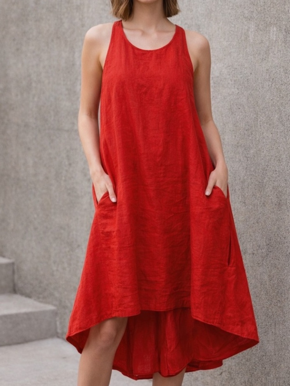 Banana Republic Linen High-Low Trapeze Sleeveless Dress Pockets Mediterranean
